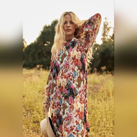 Anthropologie Mauve Shara Floral Patchwork Pleated Midi Dress Size Extra Small - Picture 5 of 10